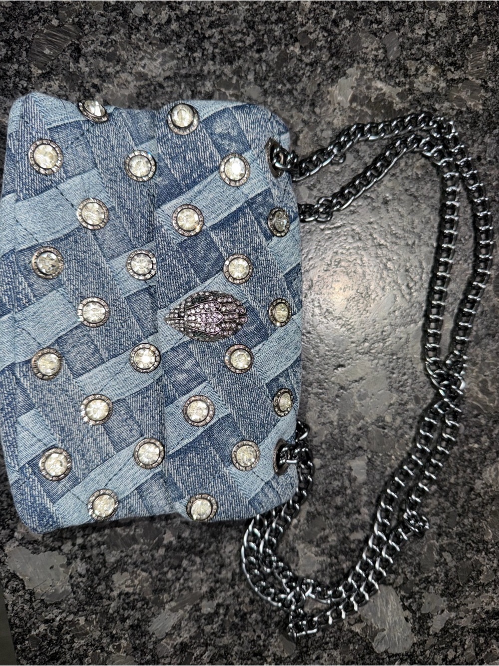 Denim Blue Embellished Crossbody Bag with Chain Strap